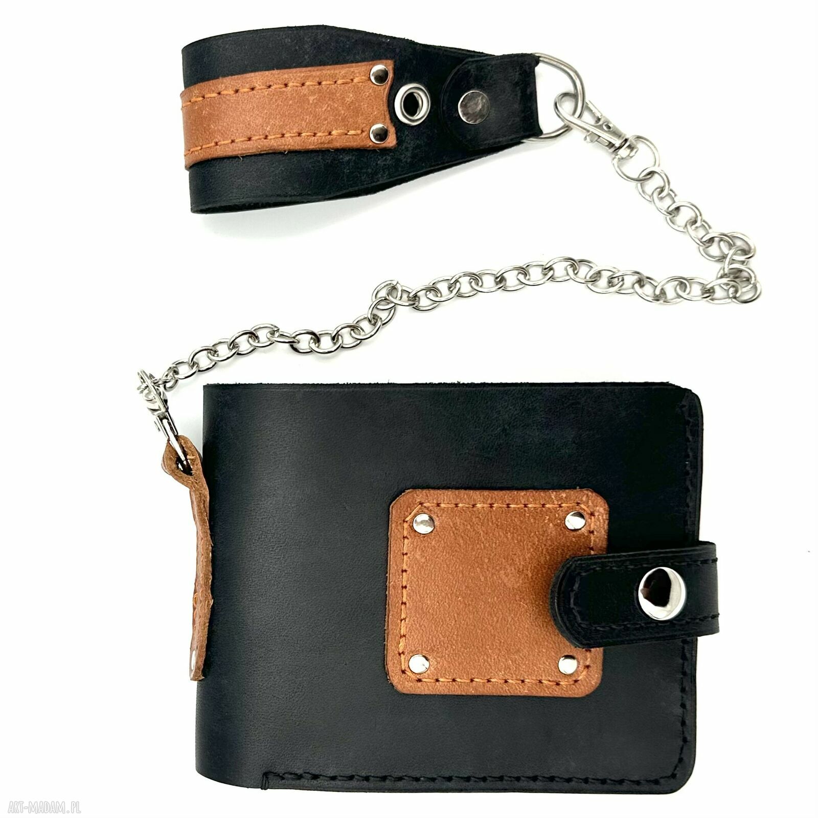 portfele: Portfel czarno brązowy skórzany z łańcuszkiem do paska. Handmade