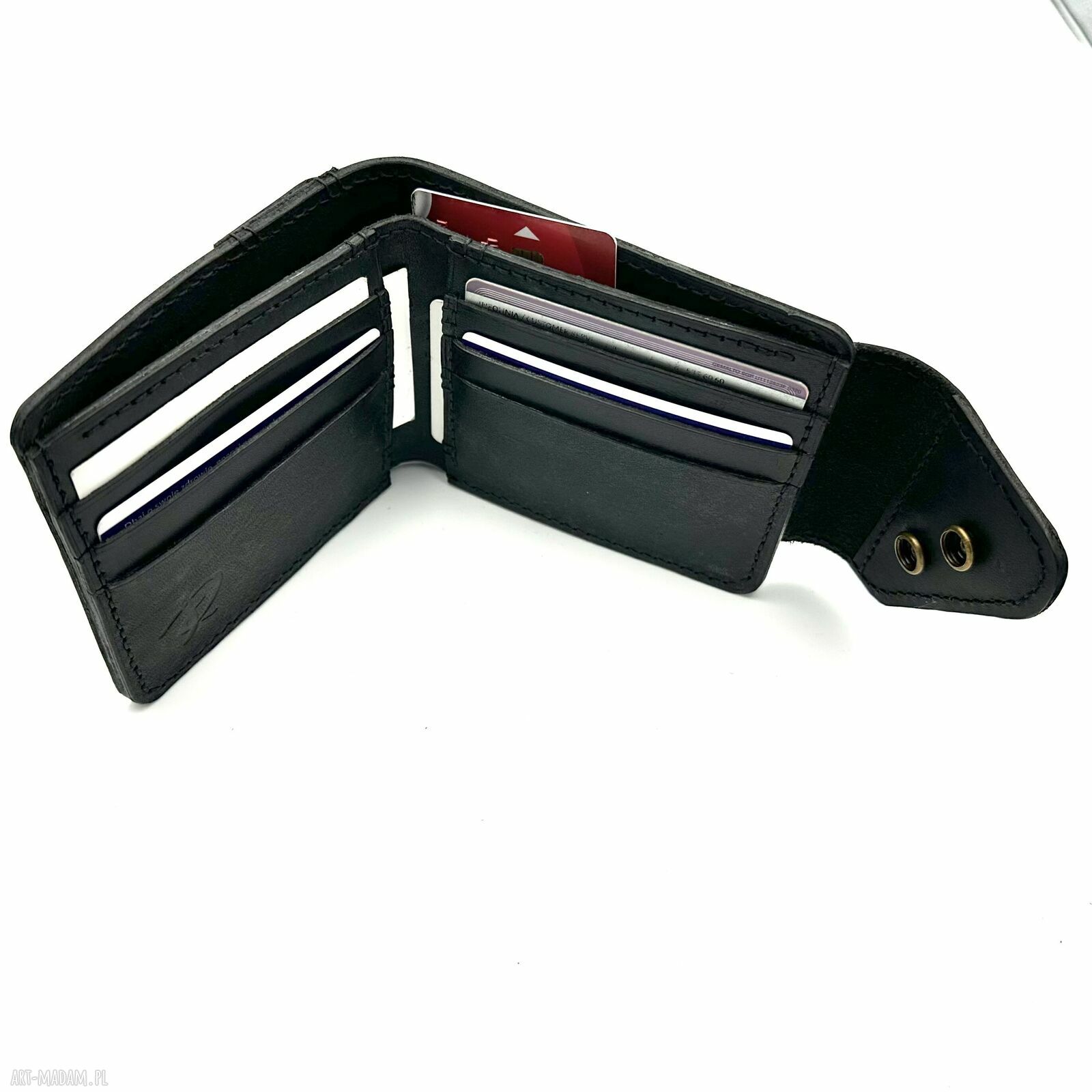 portfele: Pojemny czarny portfel skórzany ręcznie uszyty. Ręczne wykonanie