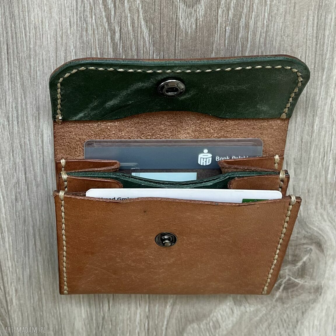 Portfel brązowy skóry ręcznie uszyty skórzany karty damski mały