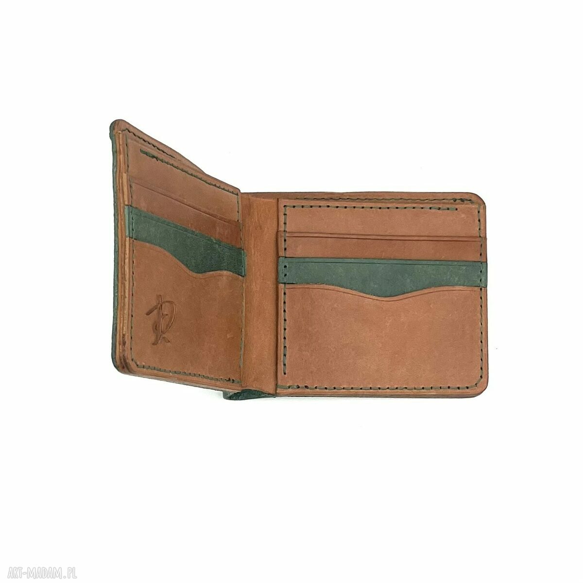 portfele: Zielono brązowy portfel skórzany uszyty. ręcznie wykonane