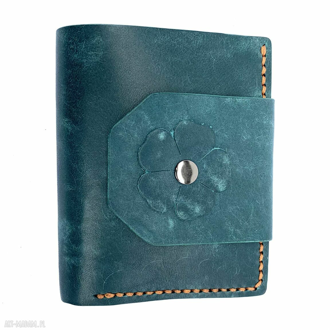 Portfel turkusowy damski bilon skóry uszyty ręcznie prezent karty