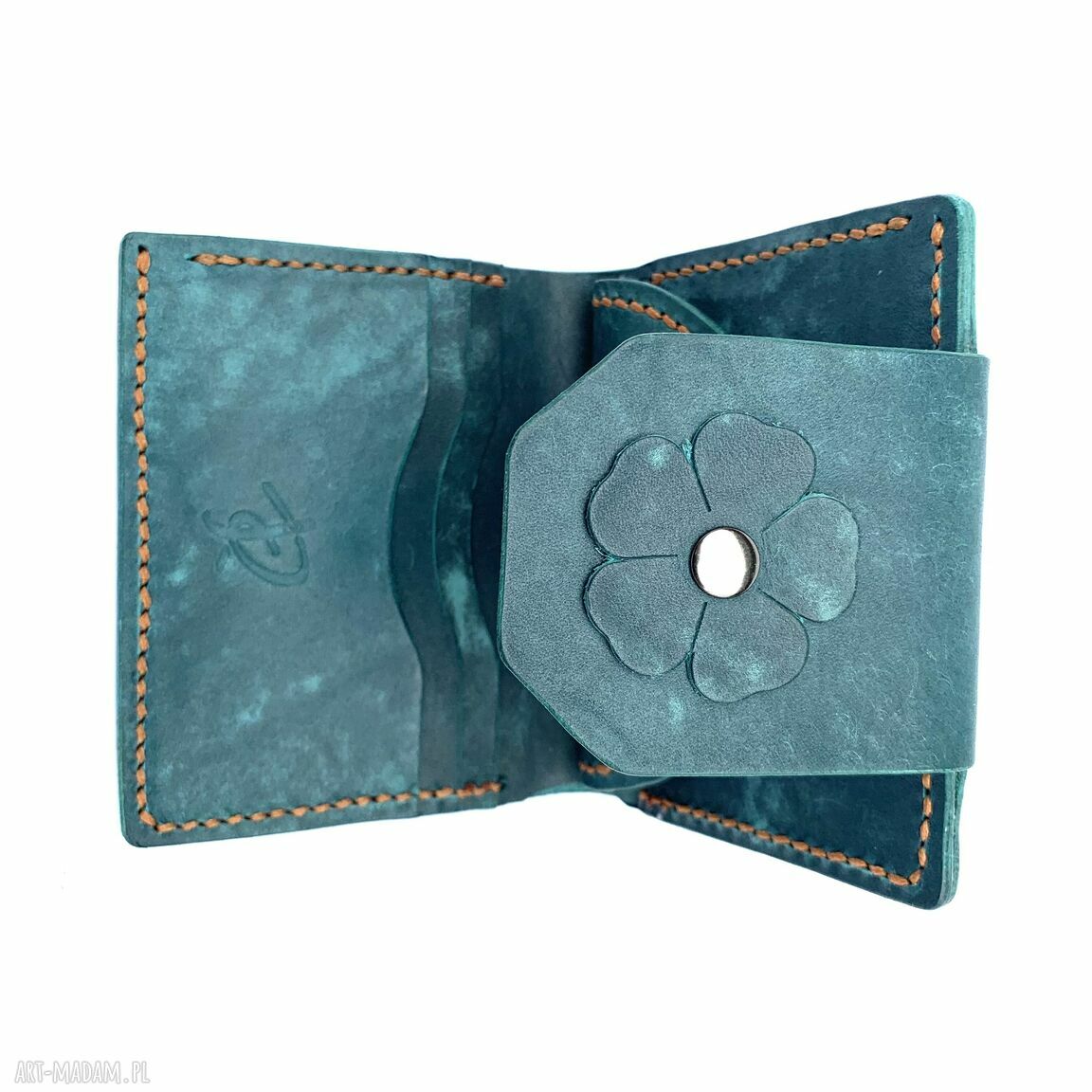 portfele: Portfel turkusowy damski na bilon ze skóry uszyty ręcznie. robione