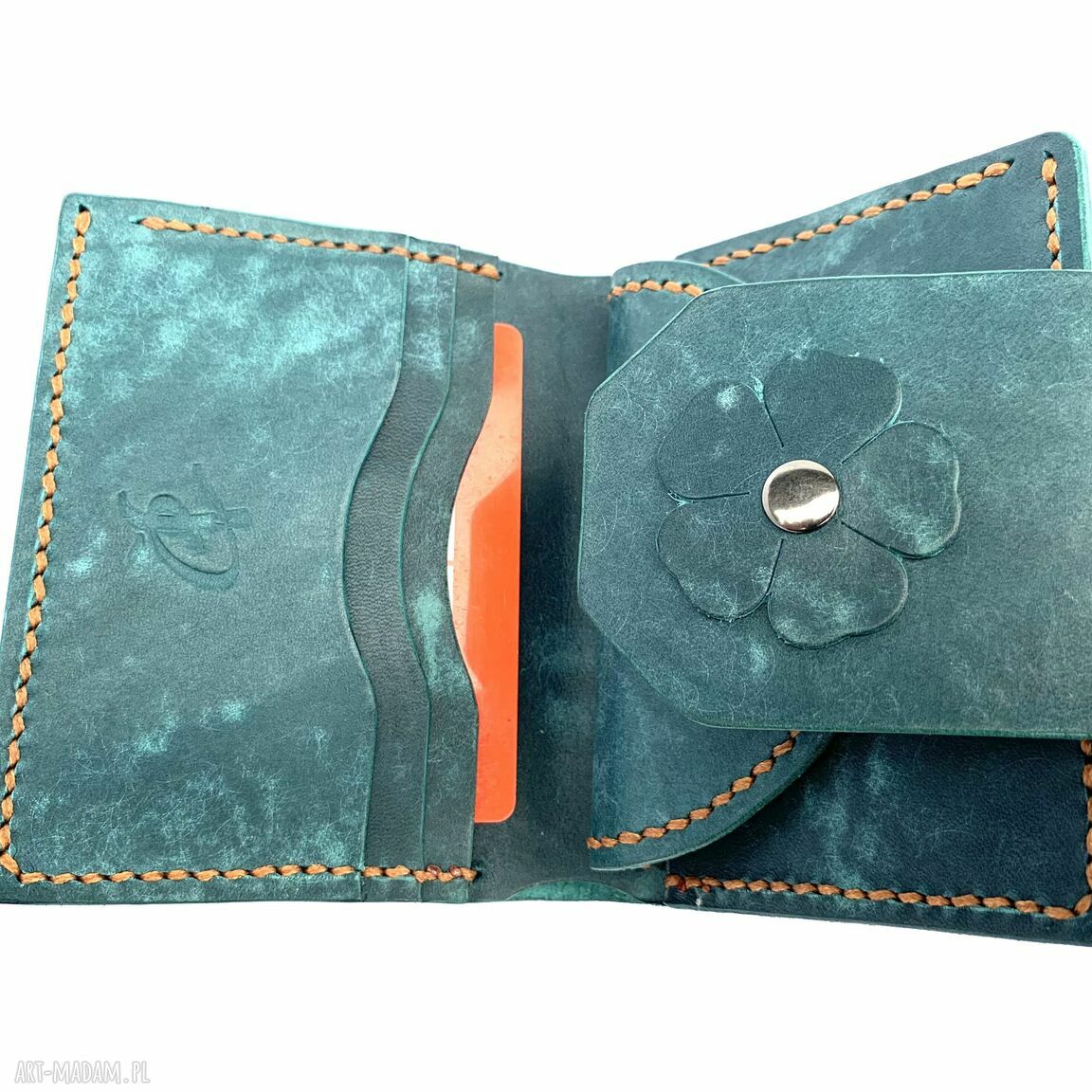 portfele: Portfel turkusowy damski na bilon ze skóry uszyty ręcznie. robione