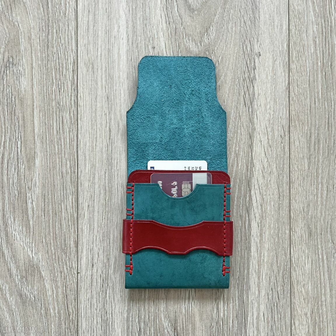 portfele: Portfel turkusowy ze skóry uszyty. Ręcznie robione