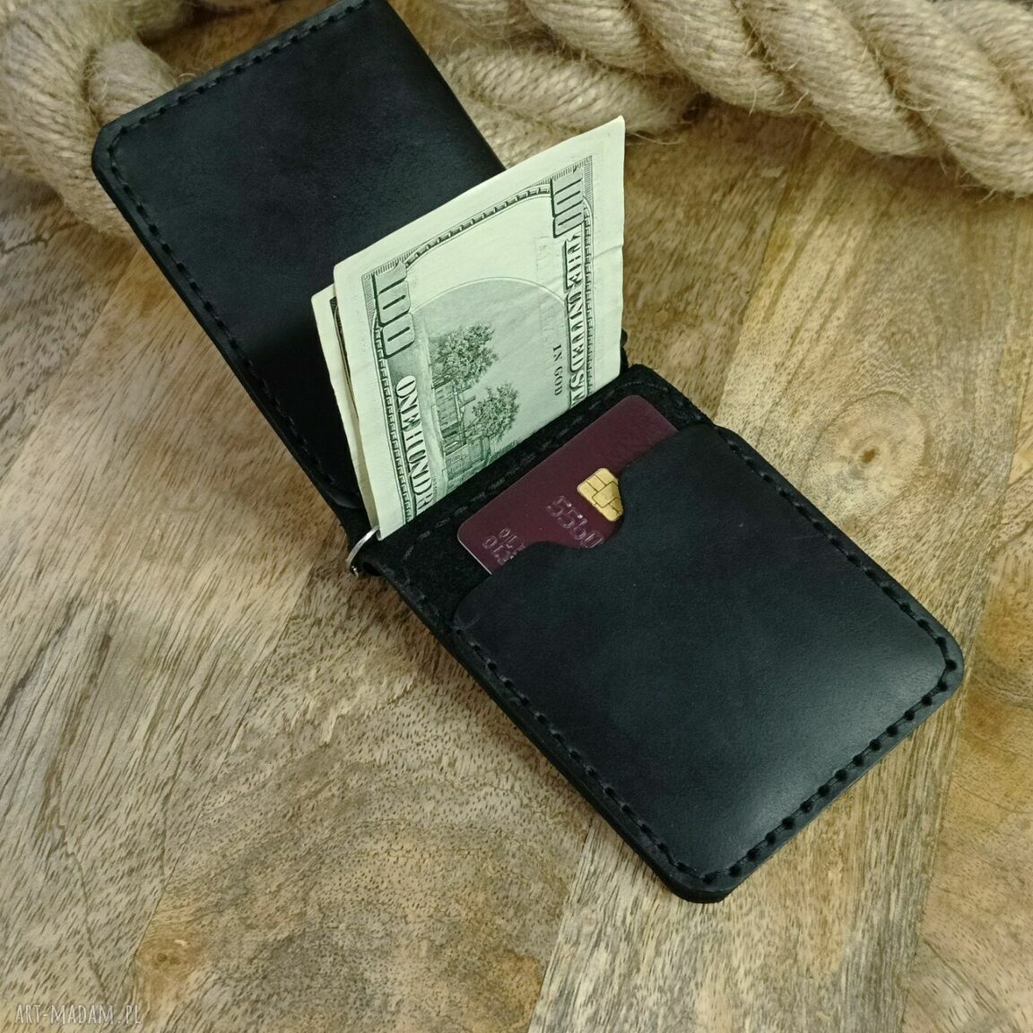 Handmade portfel skórzany z klipsem na banknoty, kieszenią na monety i grawerem laserowym