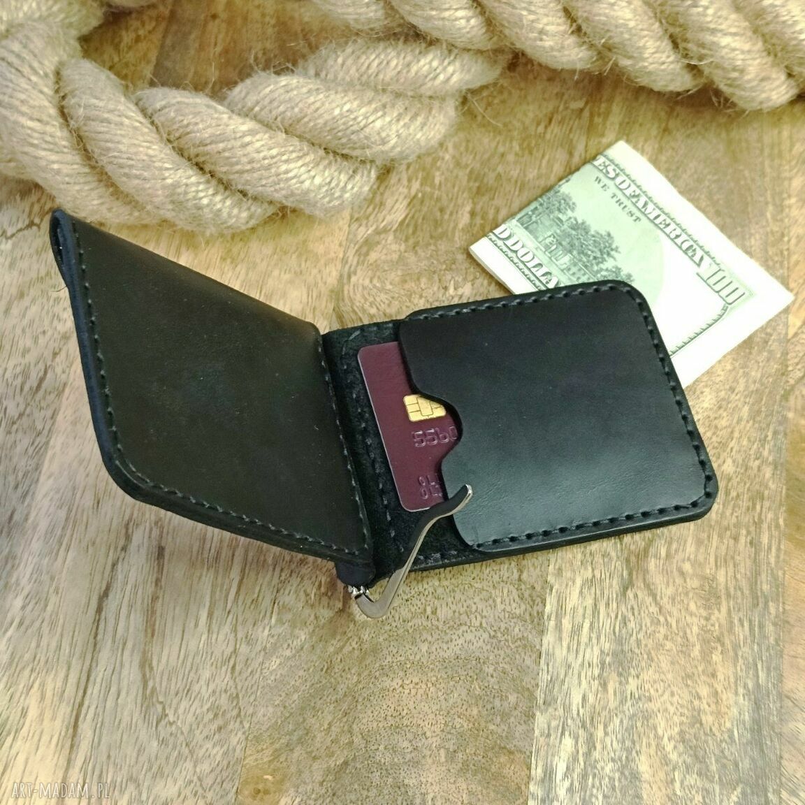 Handmade portfel skórzany z klipsem na banknoty, kieszenią na monety i grawerem laserowym