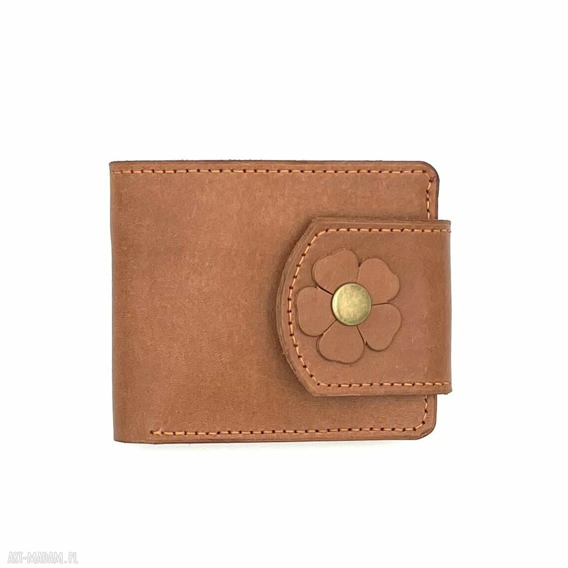 Jasno brązowy damski portfel skórzany ręcznie uszyty bilon karty