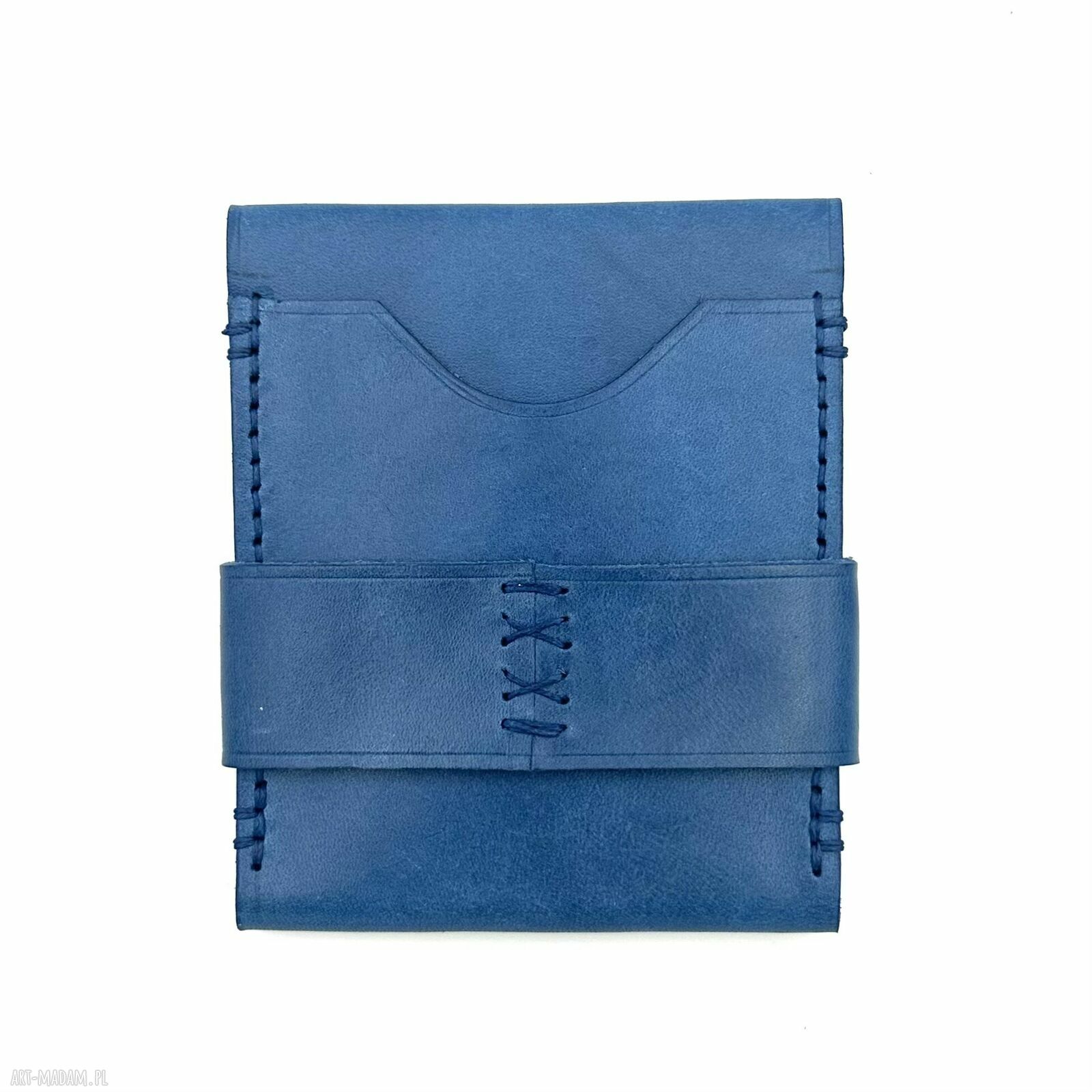 portfele: Niebieski portfel skórzany na karty z klapką ręcznie uszyty.