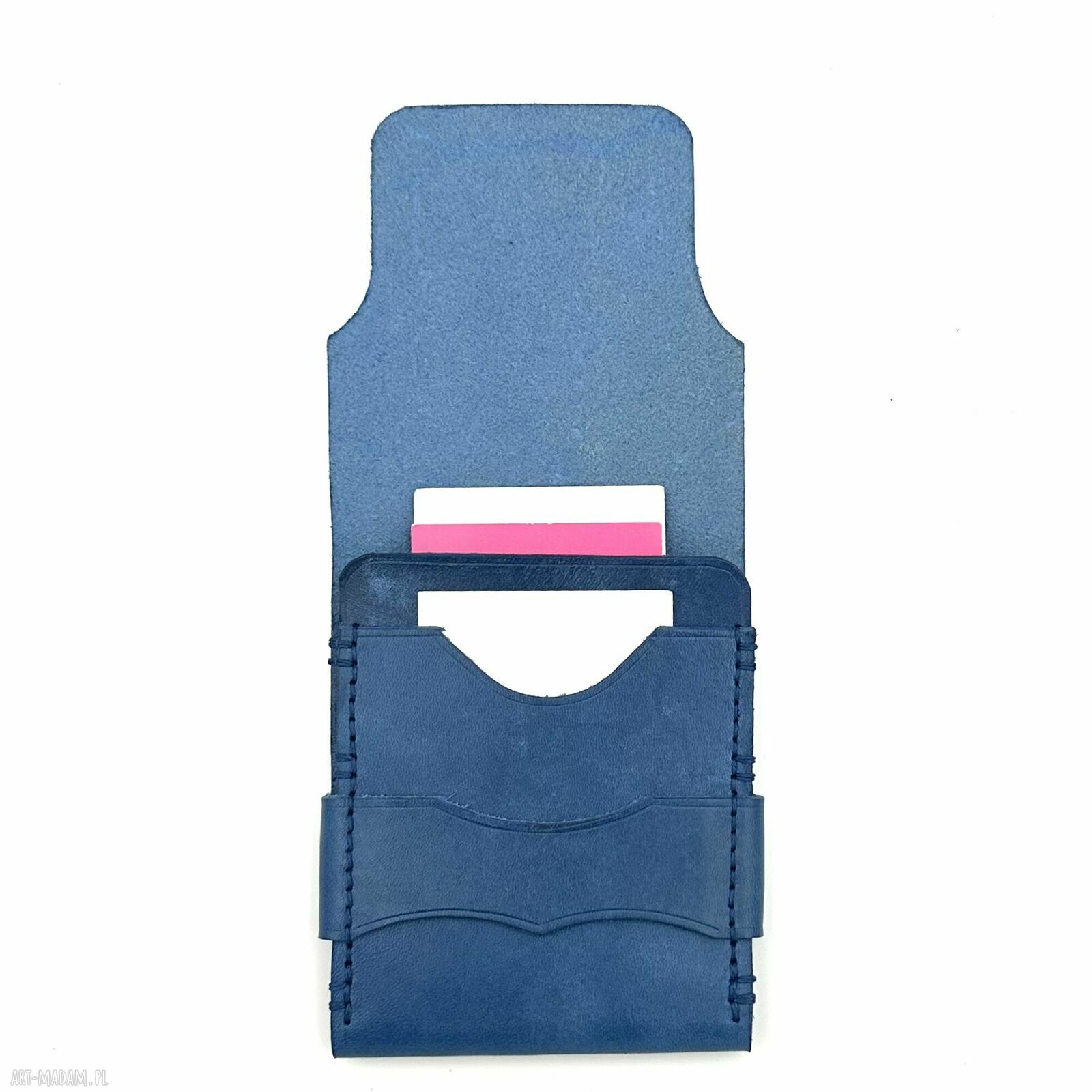 portfele: Niebieski portfel skórzany na karty z klapką ręcznie uszyty.