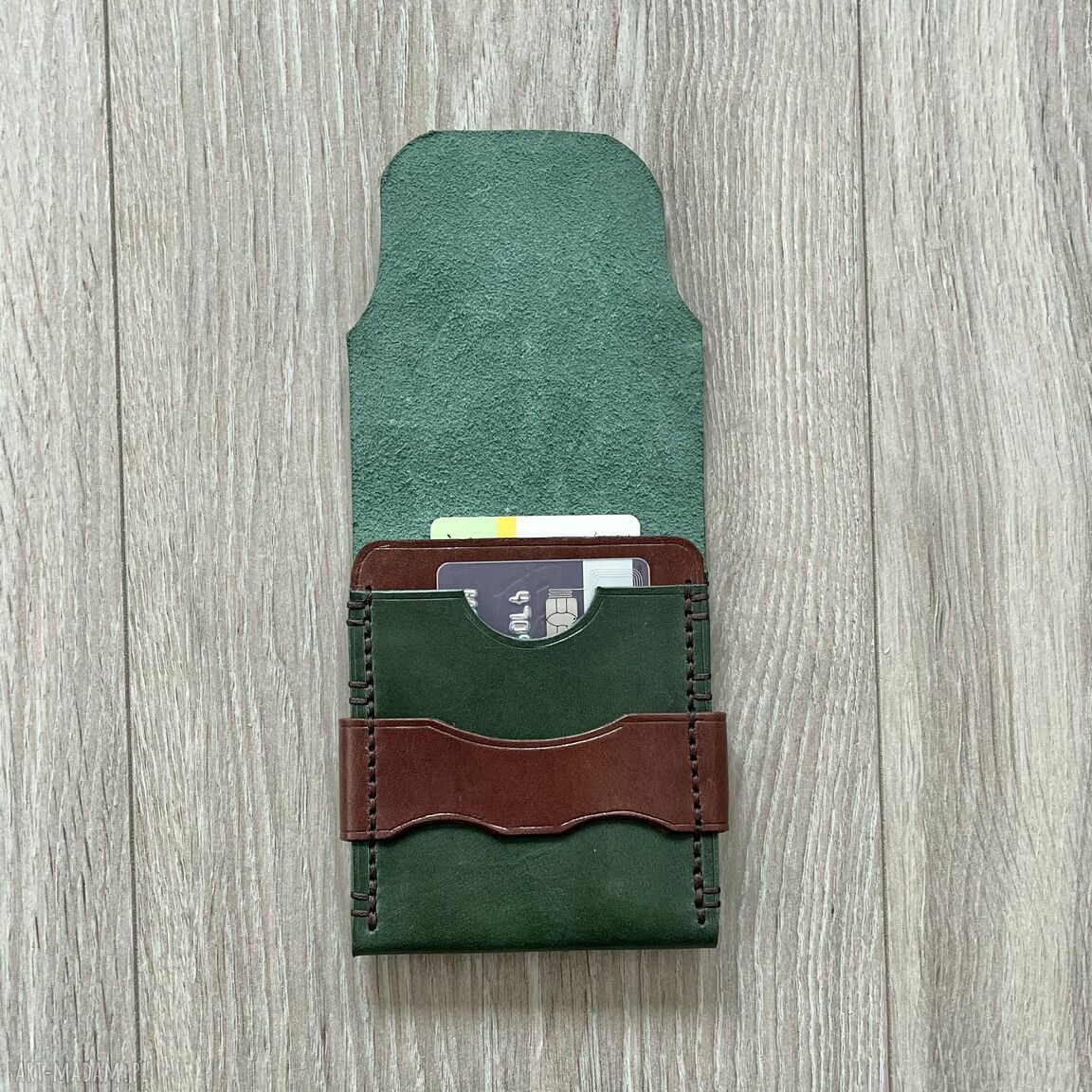 portfele: Portfel zielono brązowy ze skóry ręcznie uszyty. handmade