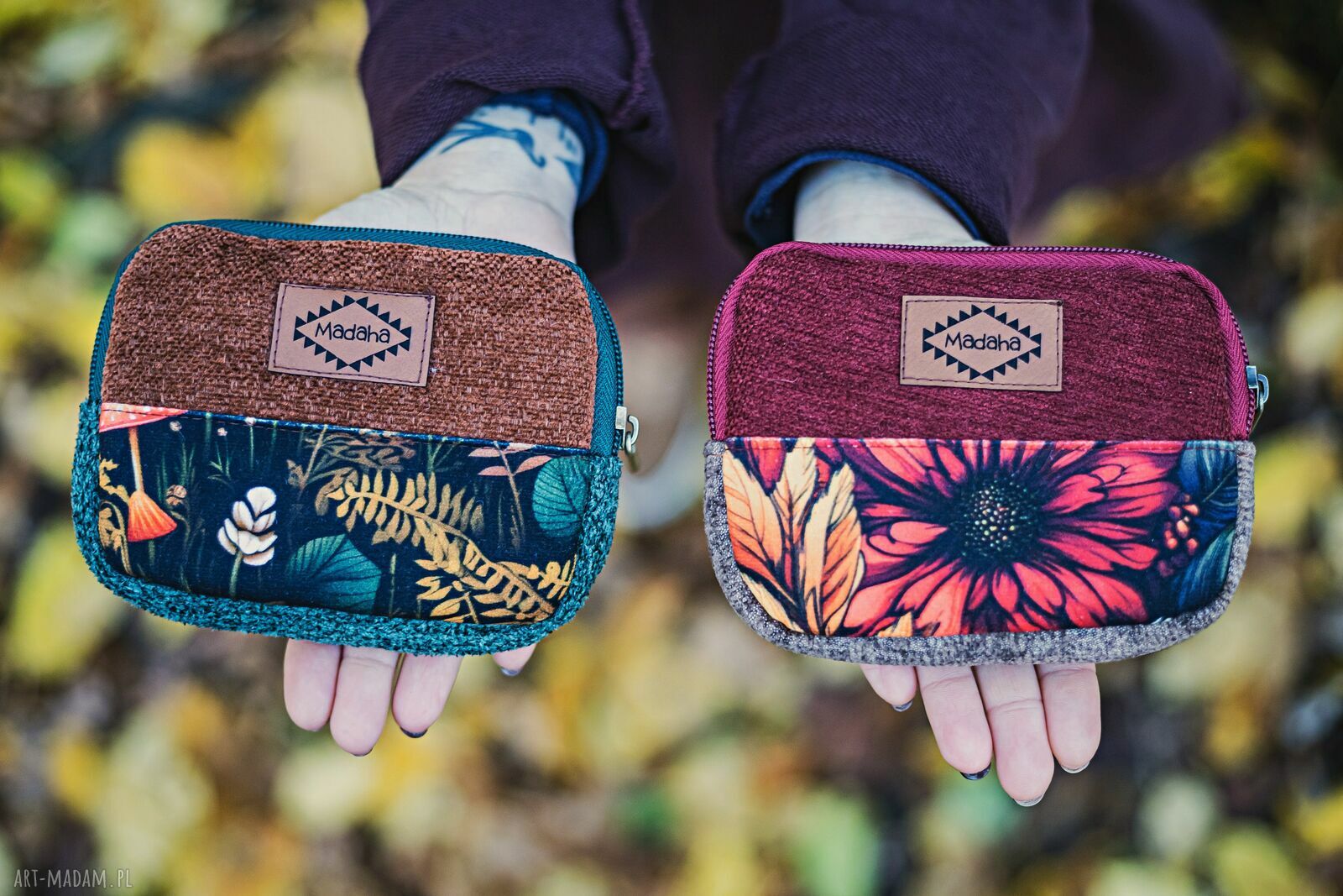 Mały portfelik damski handmade w patchworkowe liście