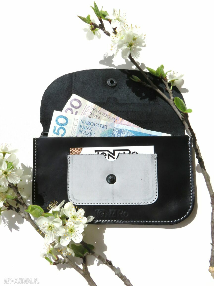 Portmonetka skórzana czarna z szarym - wygodne miejsce na karty, banknoty i monety