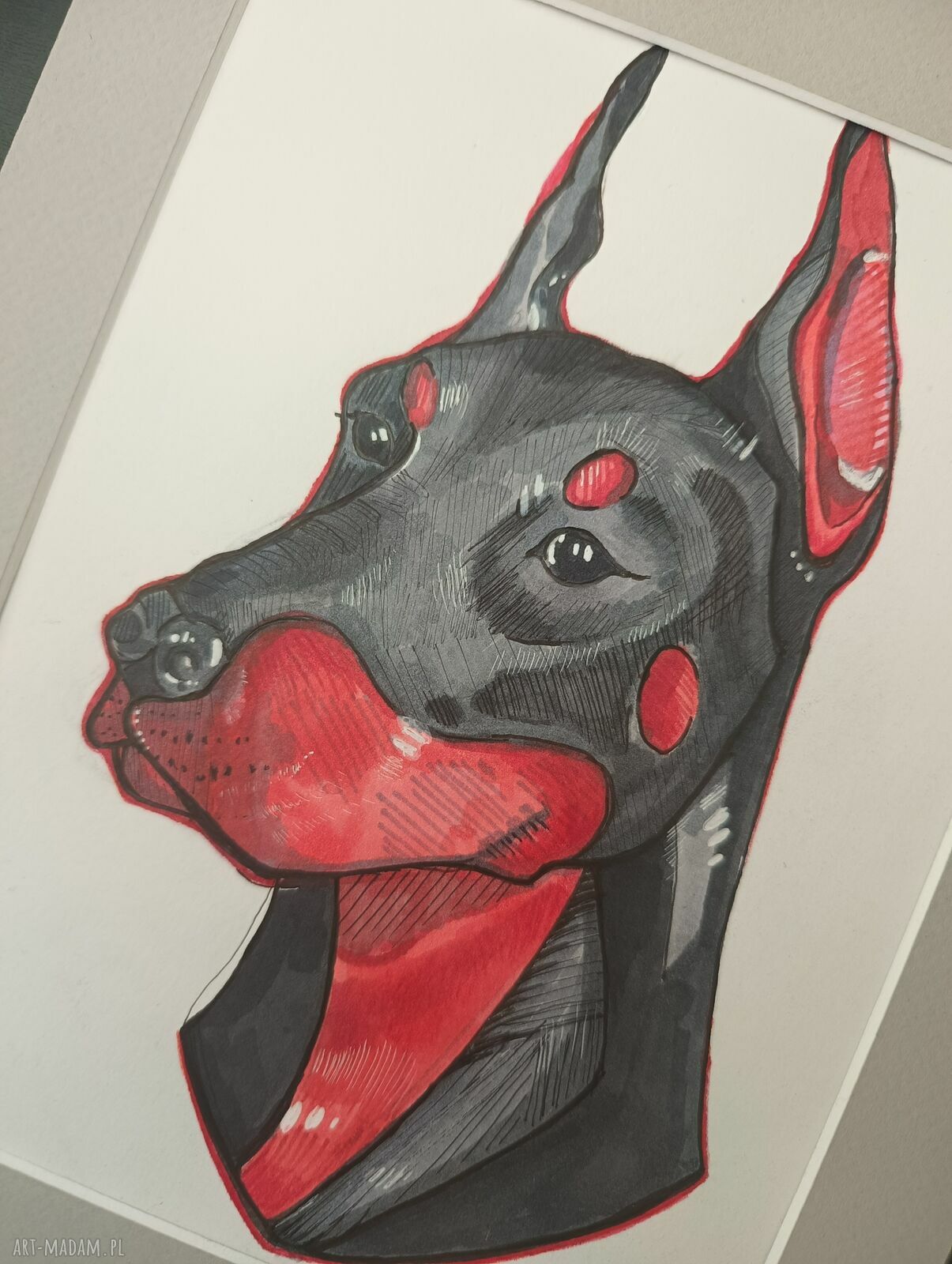 Portret dobermana - ręcznie wykonana grafika pop-art 24x30 cm