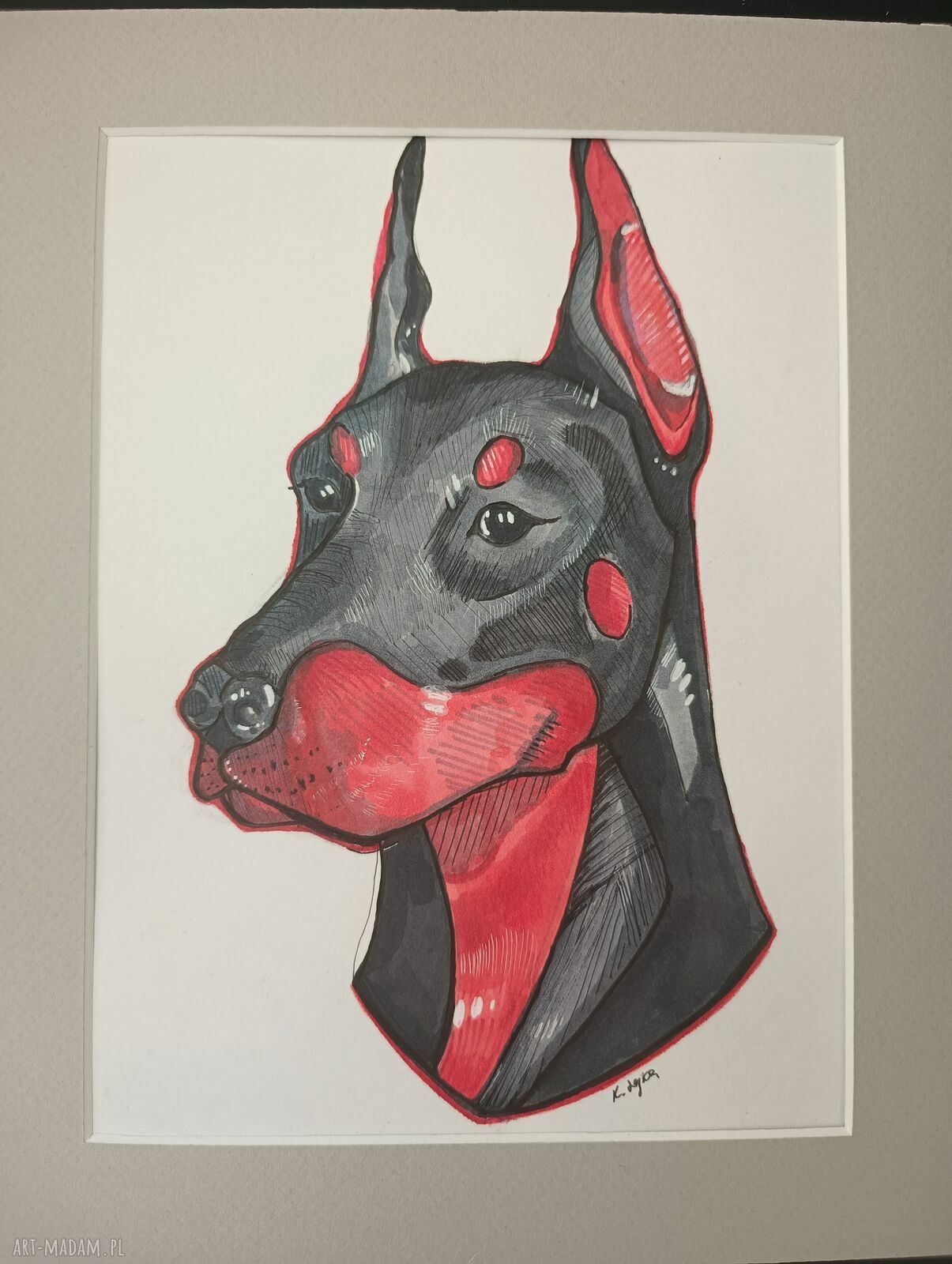 Portret dobermana - ręcznie wykonana grafika pop-art 24x30 cm