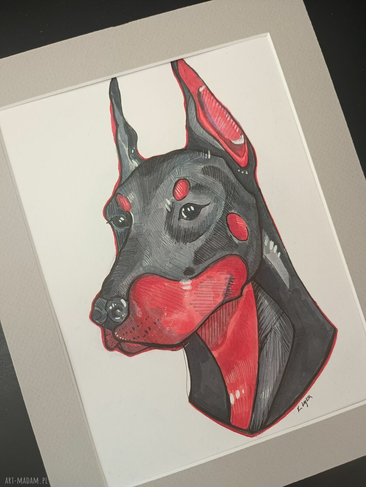 Portret dobermana - ręcznie wykonana grafika pop-art 24x30 cm