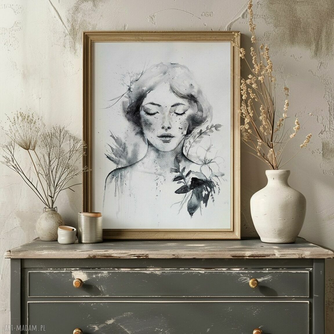 Portret kobiety w czarno-białej tonacji - akwarela A3