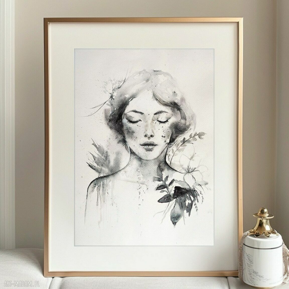 Portret kobiety w czarno-białej tonacji - akwarela A3