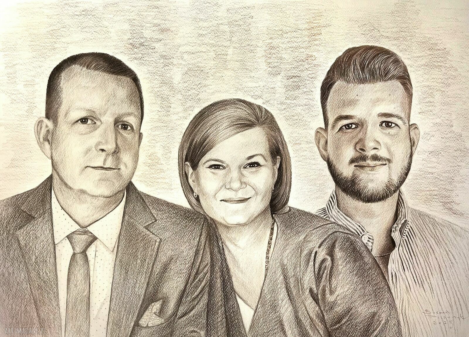 Portret rodzinny w sepii - pamiątka z autorskiego rysunku A2, 3 osoby