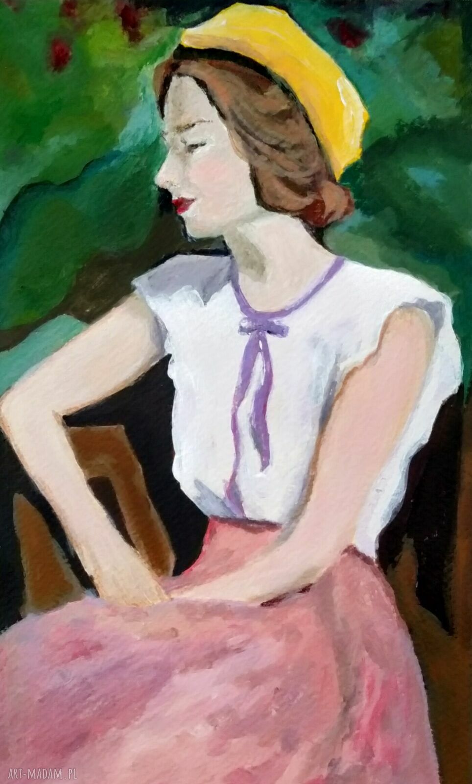 Portret z profilu. Kobieta - obraz akrylowy i tempera ręcznie malowany