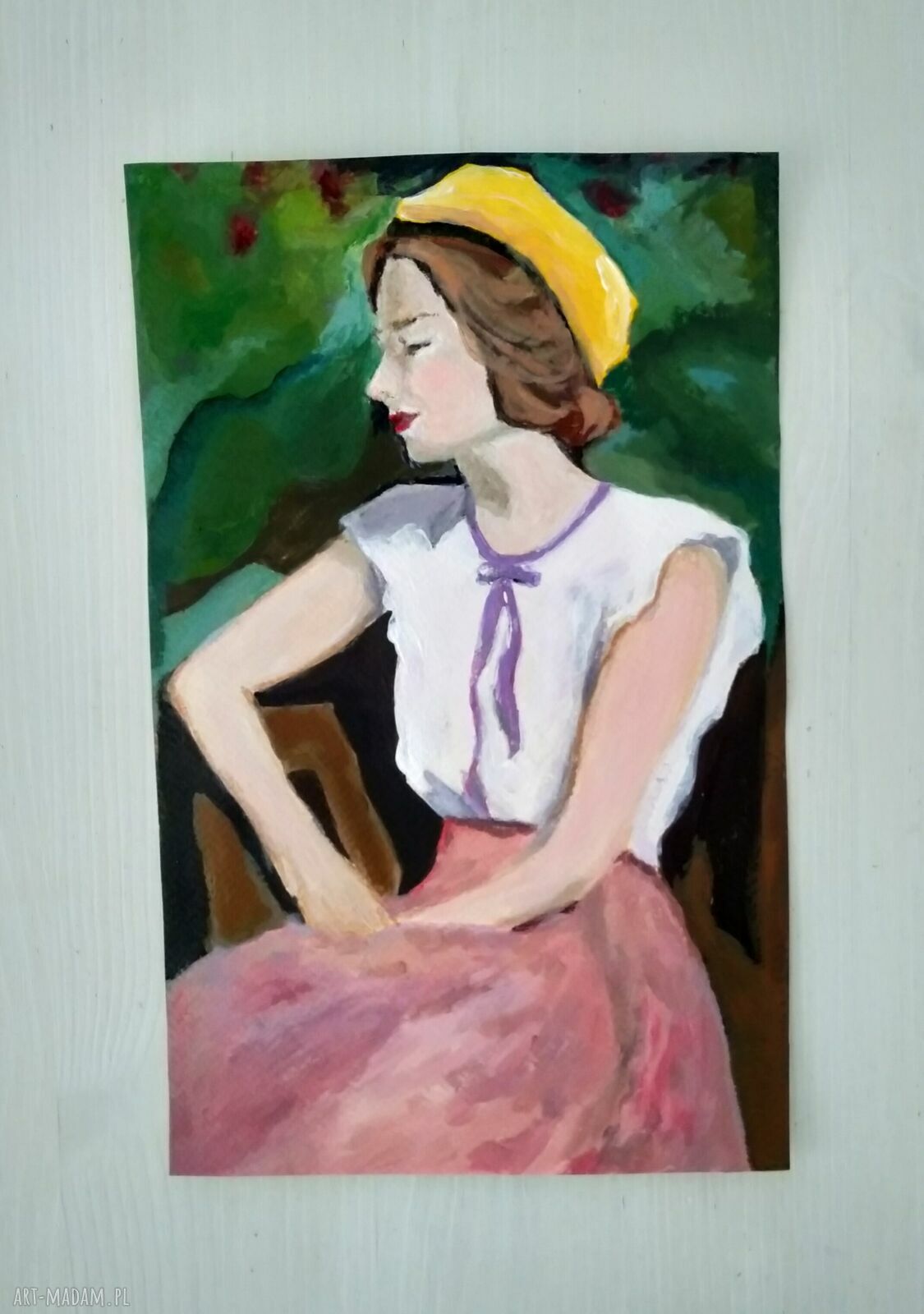 Portret z profilu. Kobieta - obraz akrylowy i tempera ręcznie malowany