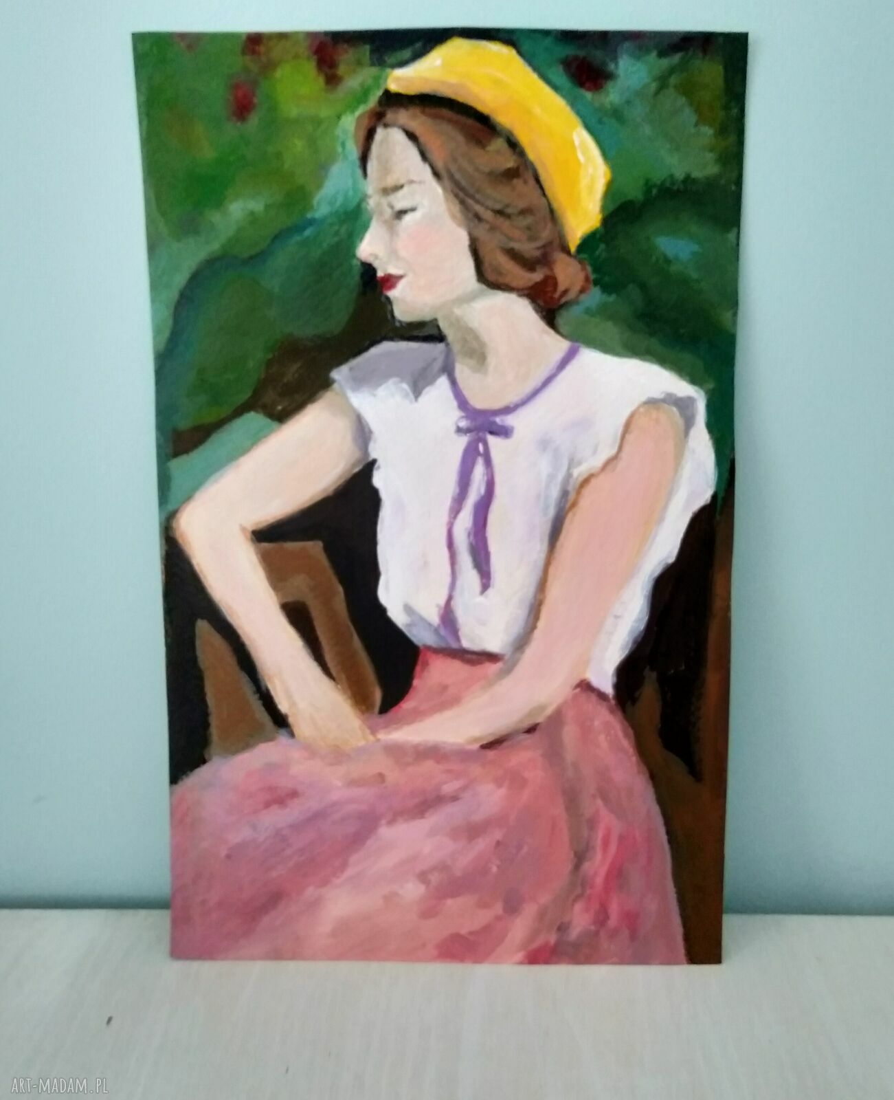 Portret z profilu. Kobieta - obraz akrylowy i tempera ręcznie malowany