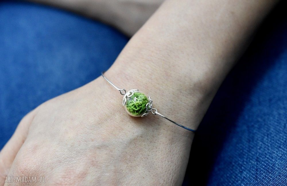bransoletki: Posrebrzana bransoletka z prawdziwym zielonym mchem Handmade