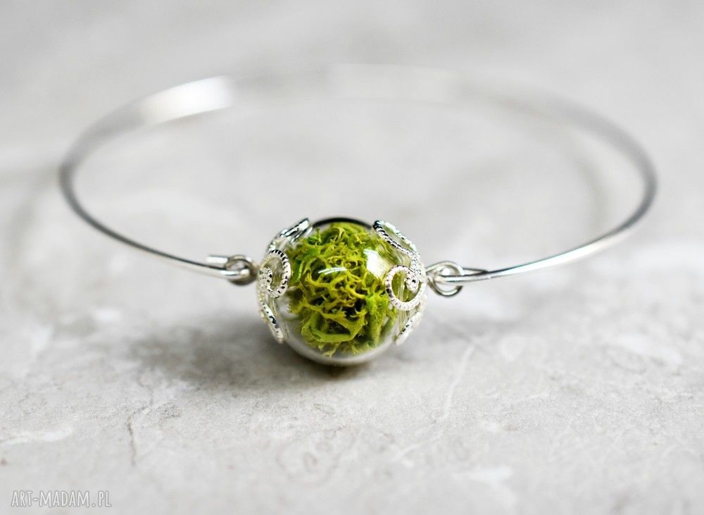 bransoletki: Posrebrzana bransoletka z prawdziwym zielonym mchem Handmade
