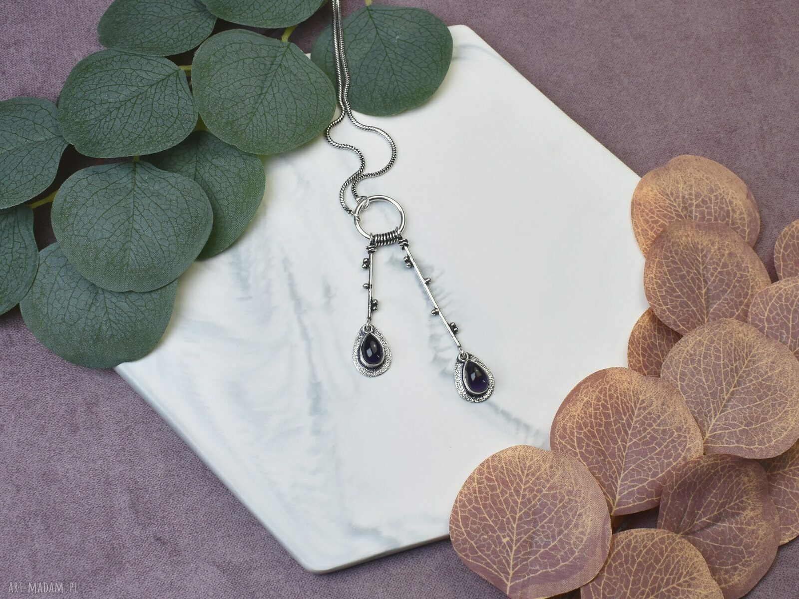 Posrebrzany wisiorek z ametystem #512 elegancki amulet na prezent art Madam.pl