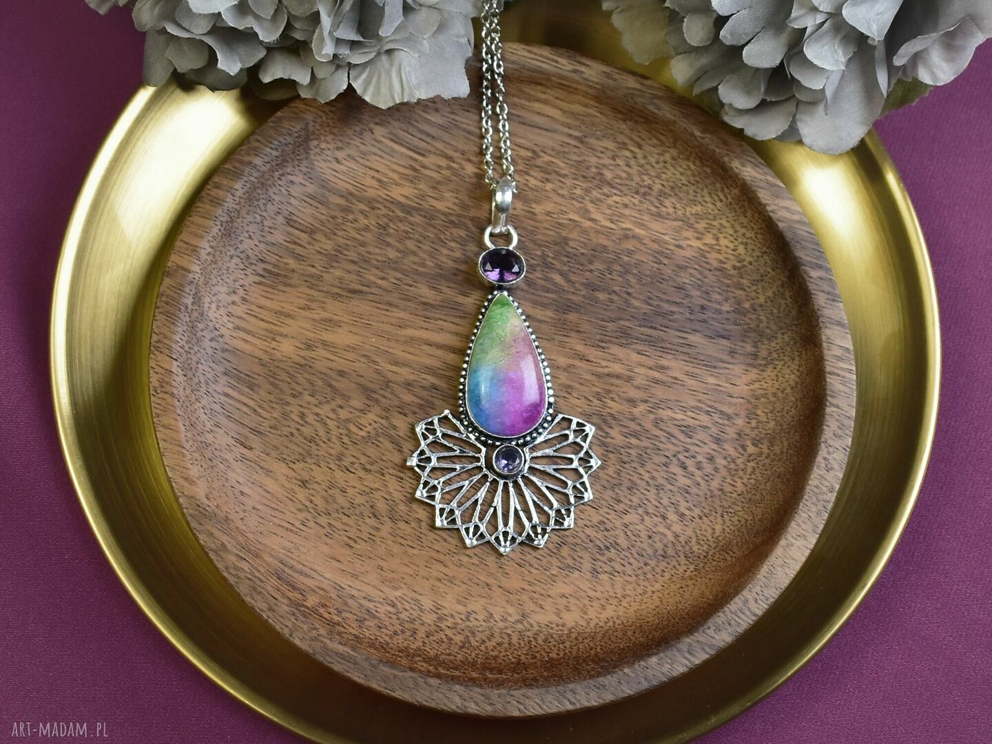 Posrebrzany wisiorek z kwarcem solarnym i ametystem elegancki handmade