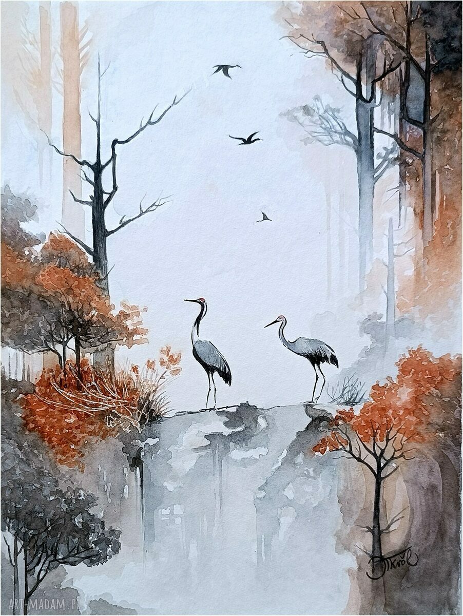 Akwarela „Pośród lotu i ciszy” 24x32 cm - oryginał z żurawiami