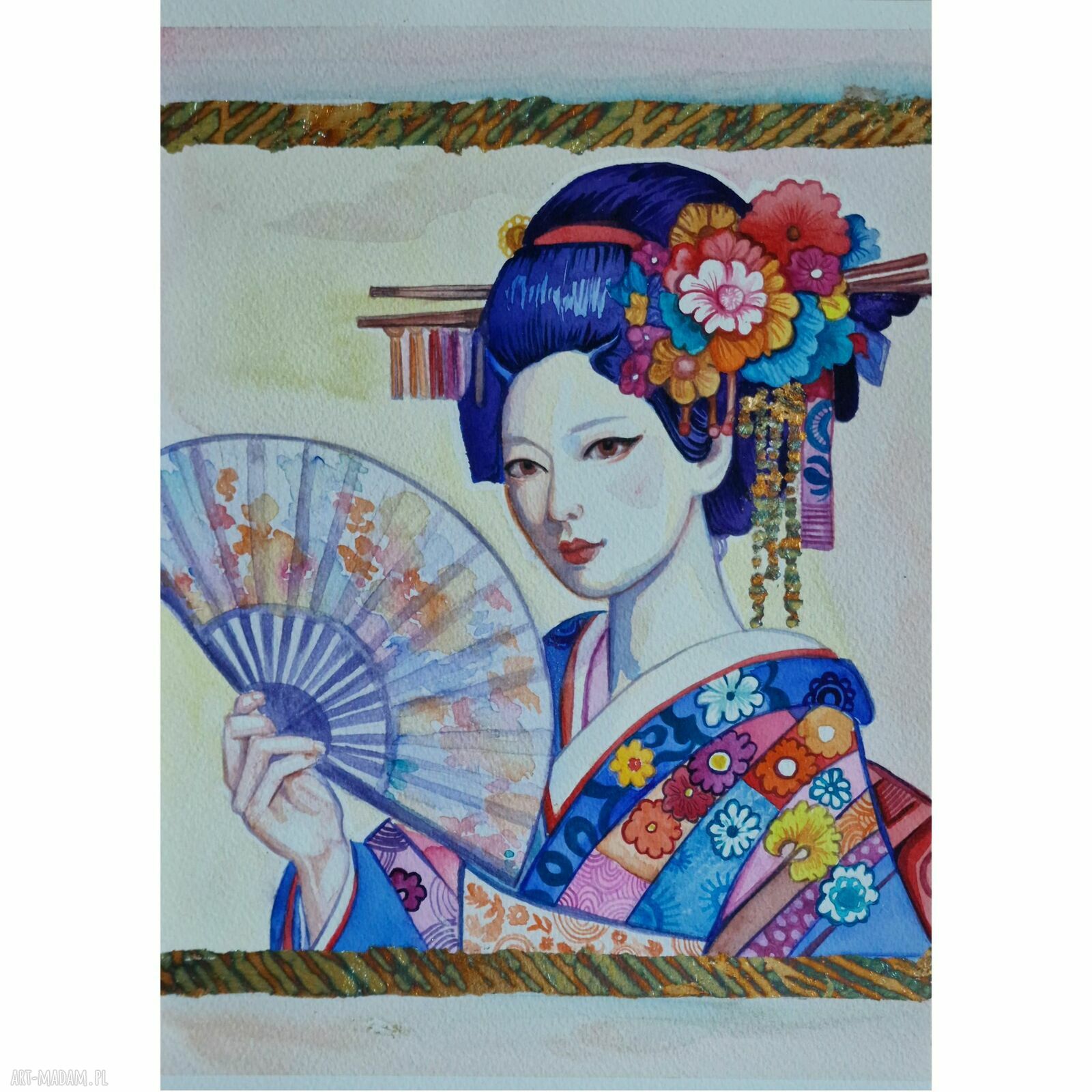 Postać Japonki Yuzuki - oryginalna akwarela A4 ze złotą folią