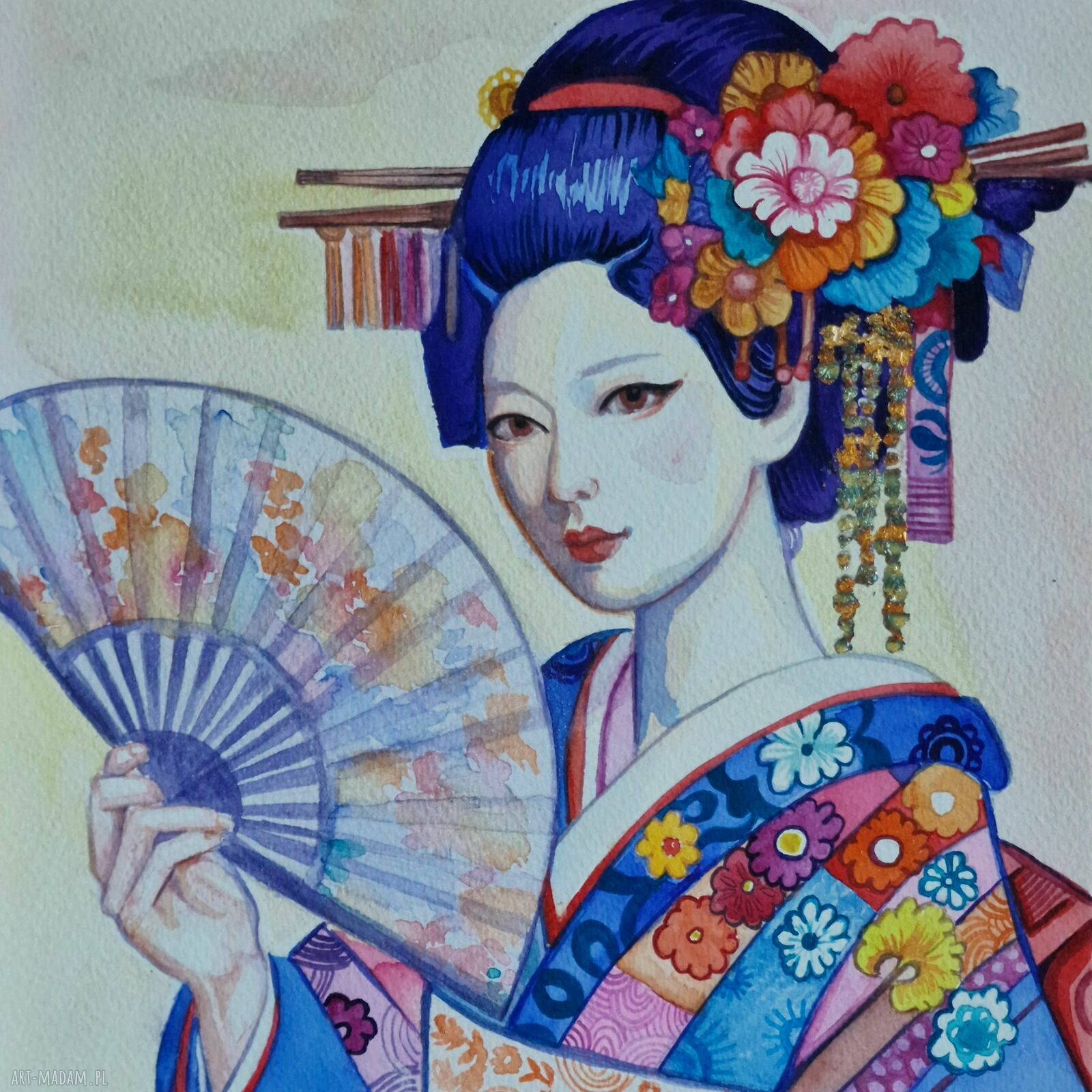 Postać Japonki Yuzuki - oryginalna akwarela A4 ze złotą folią