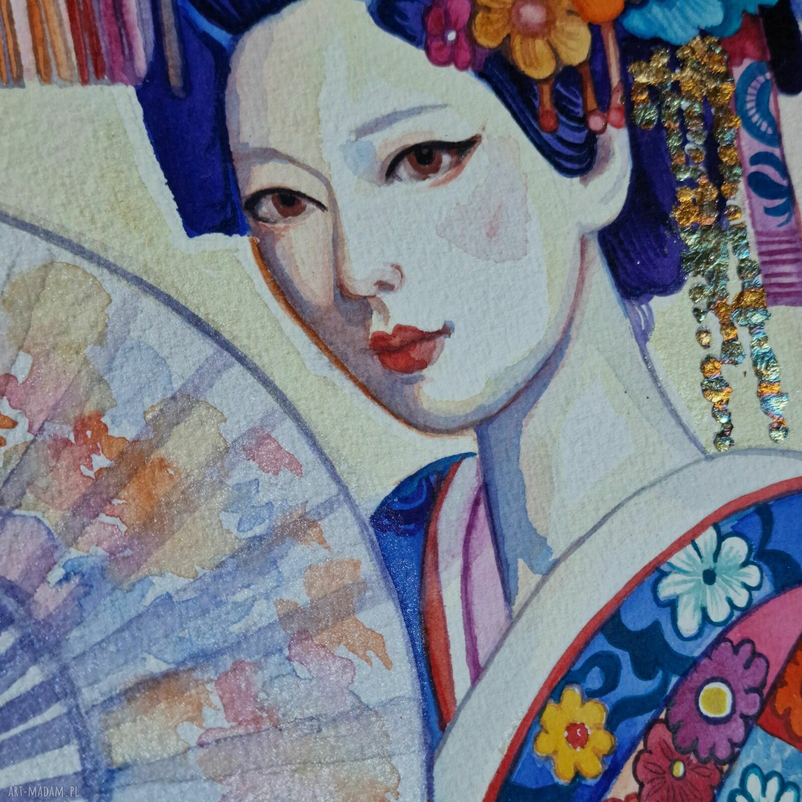 Postać Japonki Yuzuki - oryginalna akwarela A4 ze złotą folią