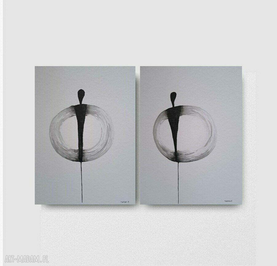 Dwie akwarele z postaciami - komplet 32 x 24 cm szaro-czarne