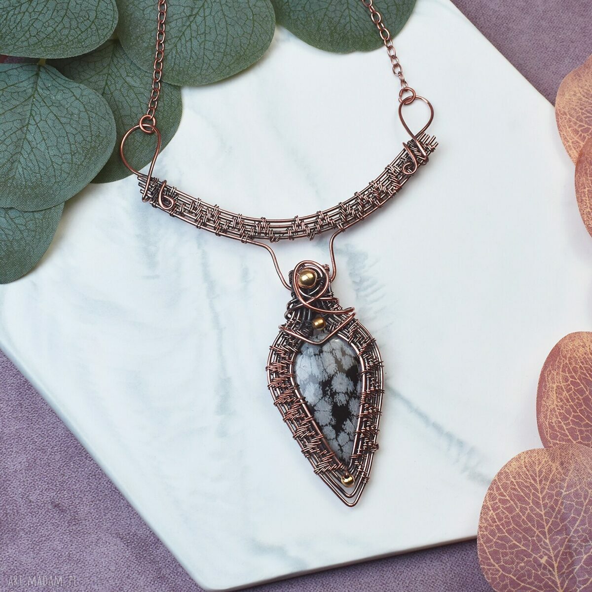 Miedziany naszyjnik wire wrapping z obsydianem śnieżnym #492 - ręcznie robiony