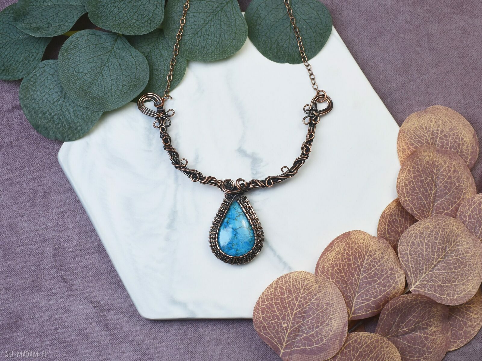 Miedziany naszyjnik Wire Wrapping z turkusem ręcznie robiony