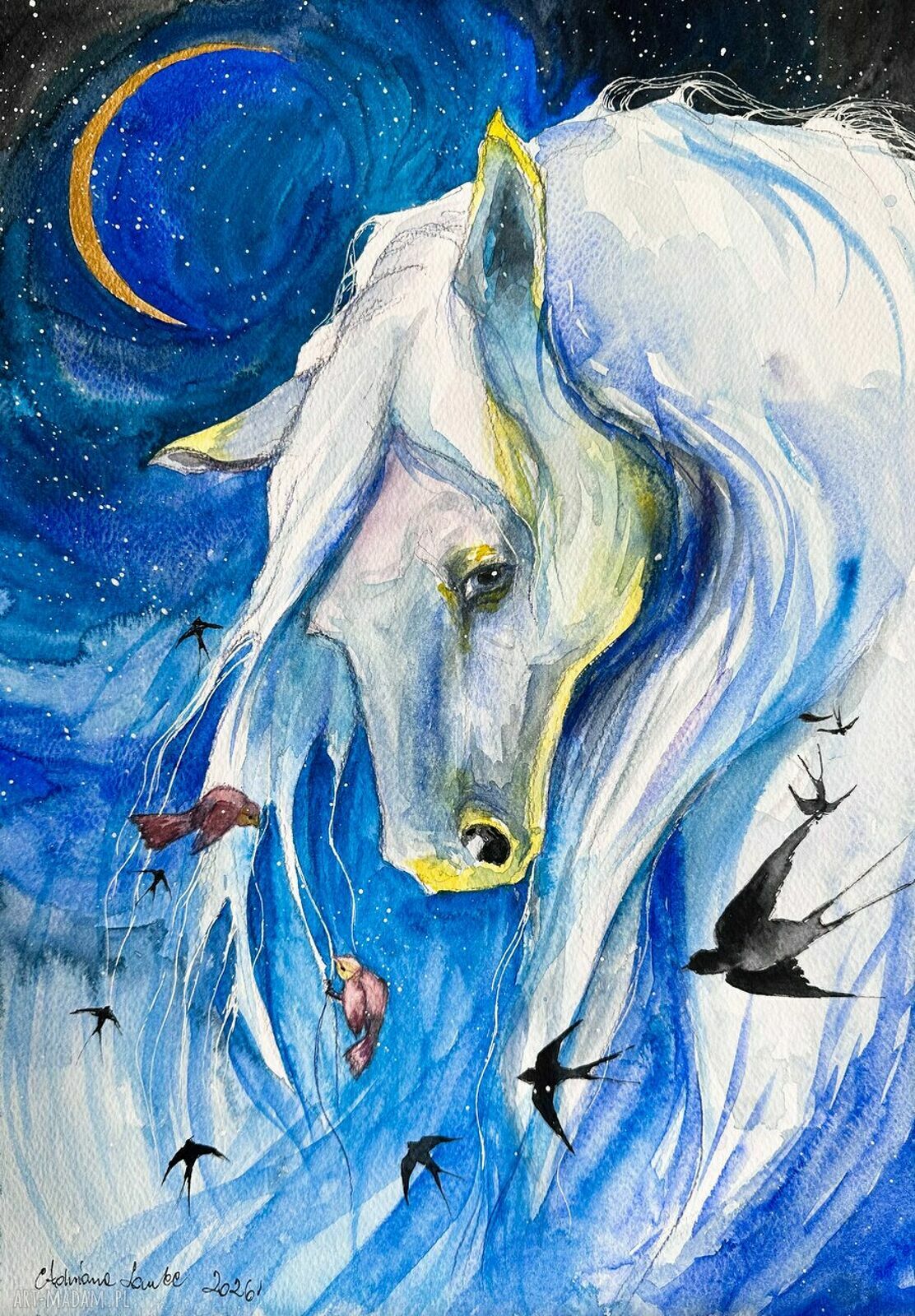 Powiernik nocy - akwarela portret konia w nocnej magii A3