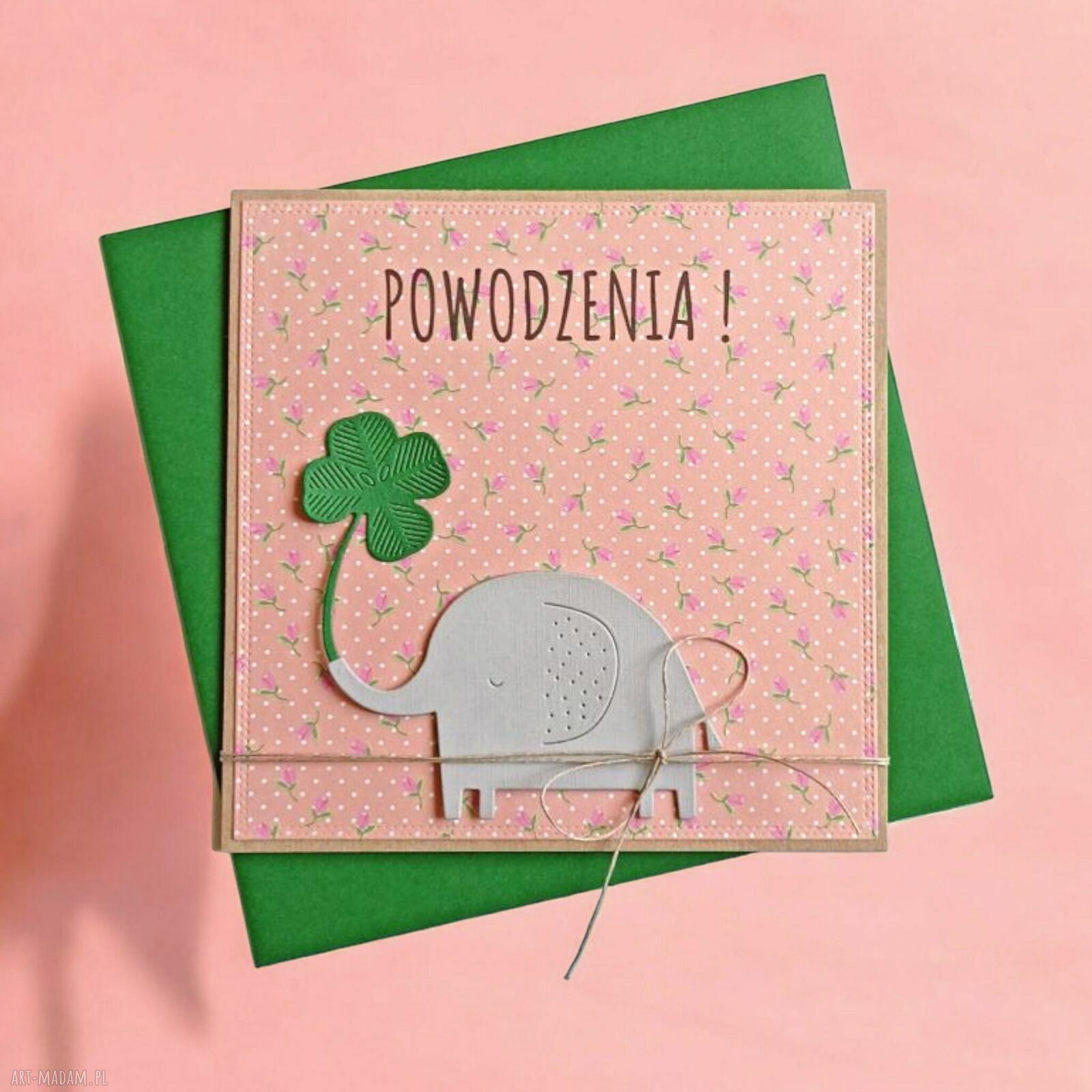Powodzenia - urocza kartka handmade ze słonikiem i koniczynką