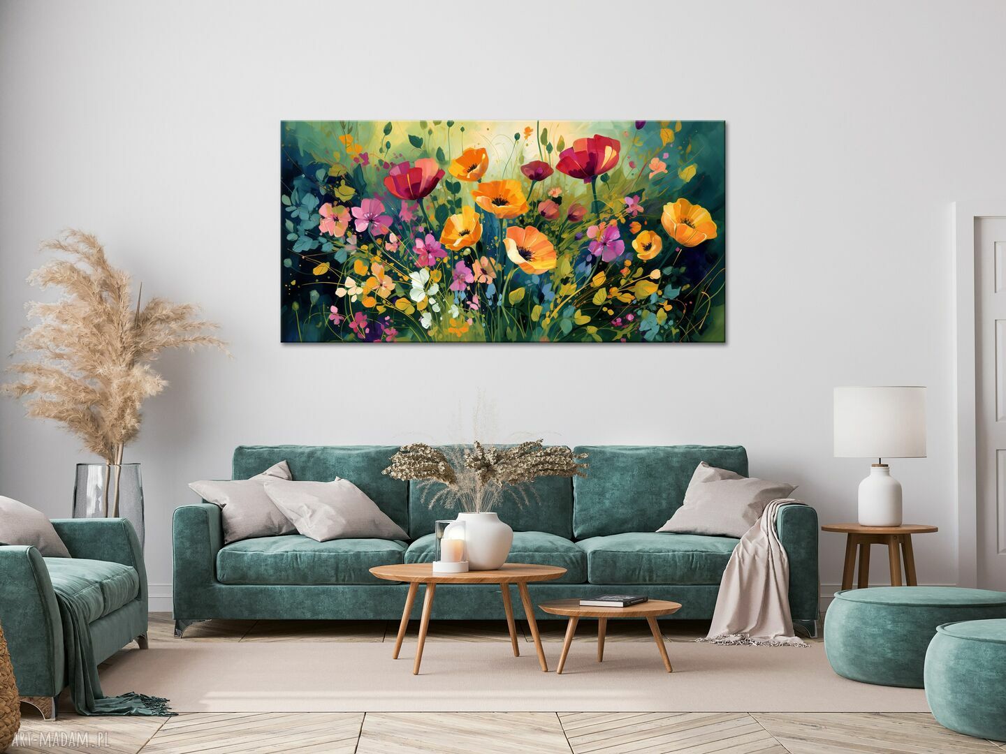 Zielony, poziomy obraz do salonu 60x120 cm - łąka kwietna