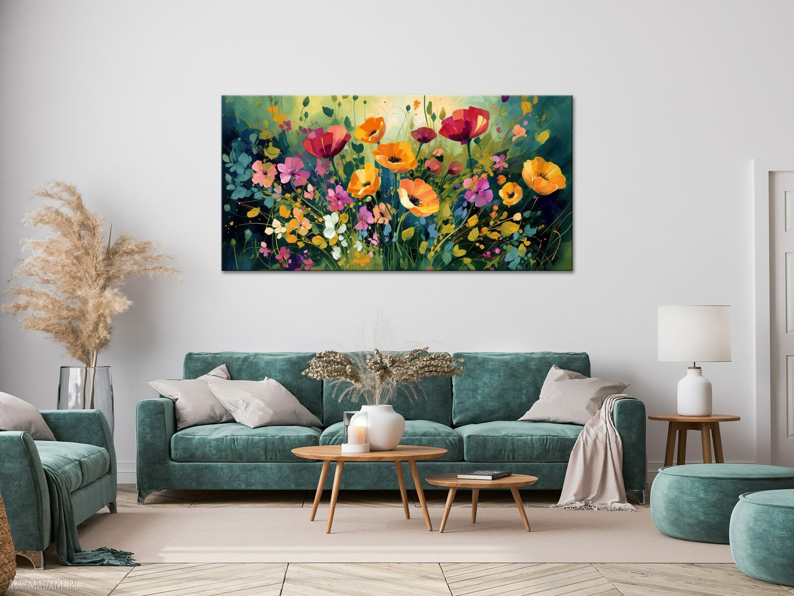 Poziomy obraz łąka kwietna 70x140 cm - zielony z kolorowymi kwiatami do salonu