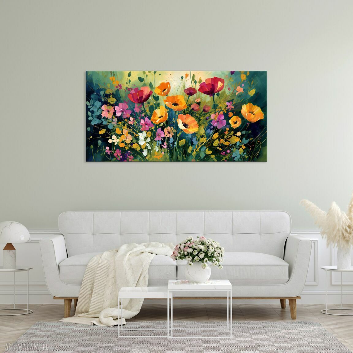 Zielony, poziomy obraz do salonu 60x120 cm - łąka kwietna