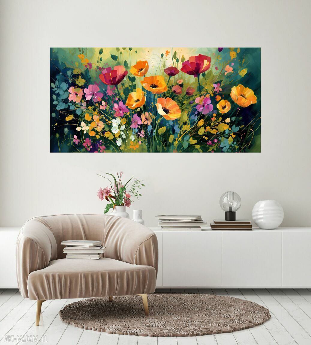 Zielony, poziomy obraz do salonu 60x120 cm - łąka kwietna