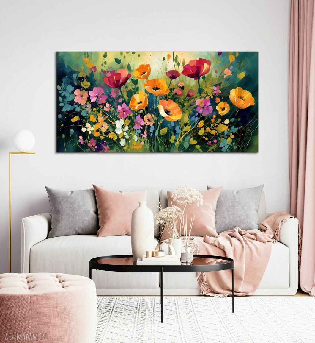 Zielony, poziomy obraz do salonu 60x120 cm - łąka kwietna