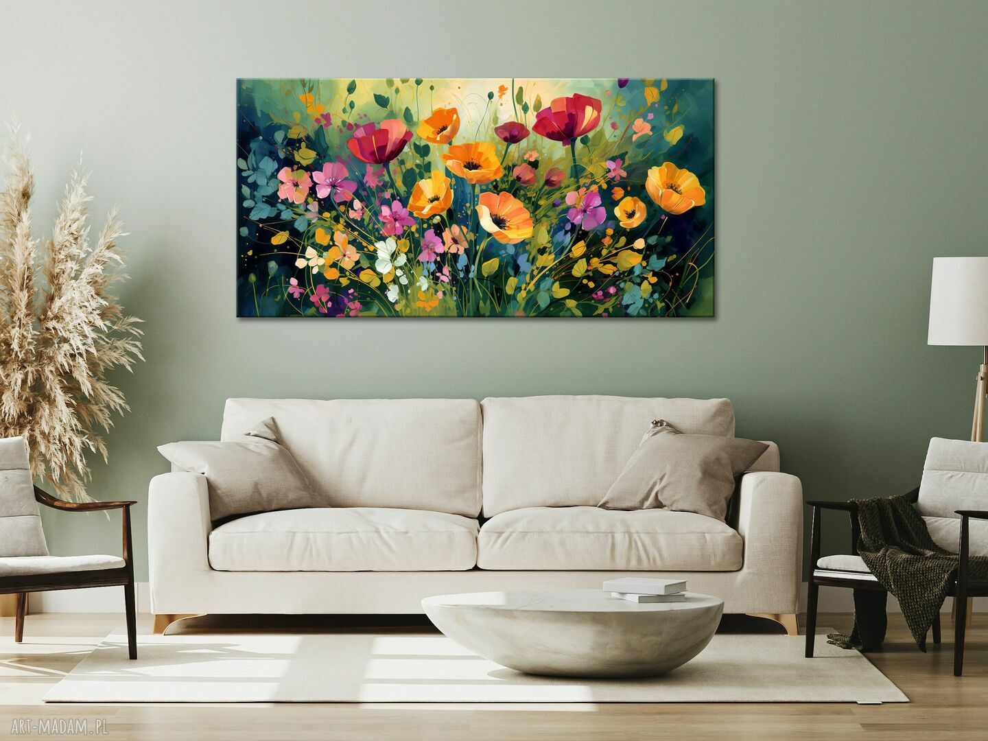 Poziomy obraz łąka kwietna 70x140 cm - zielony z kolorowymi kwiatami do salonu