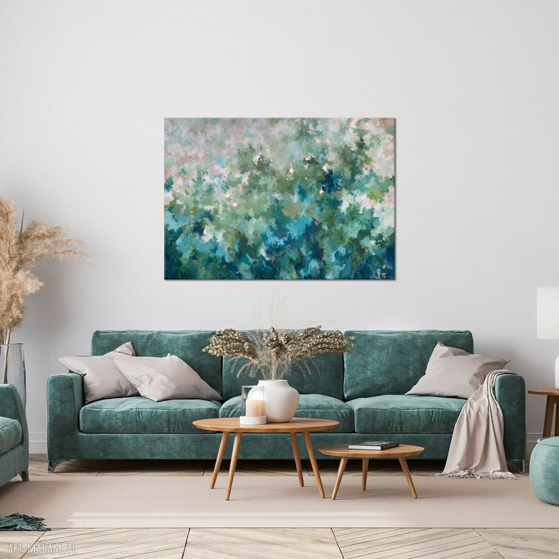Zielony abstrakcyjny obraz akrylowy 70x100 cm do salonu - Szepty lasu