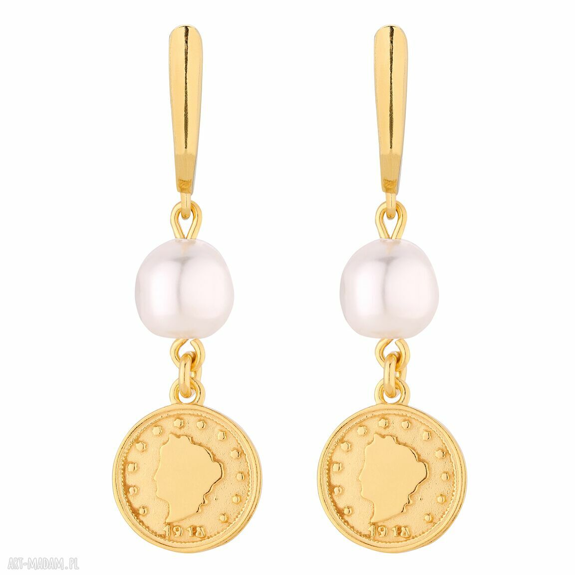 Złote długie kolczyki monetami perłami swarovski® crystal perły