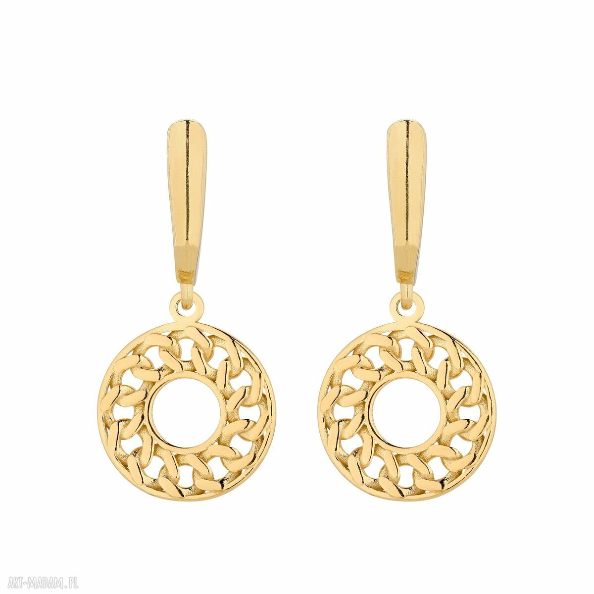 Złote kolczyki ozdobnymi zawieszkami rozeta ażurowe wiszące