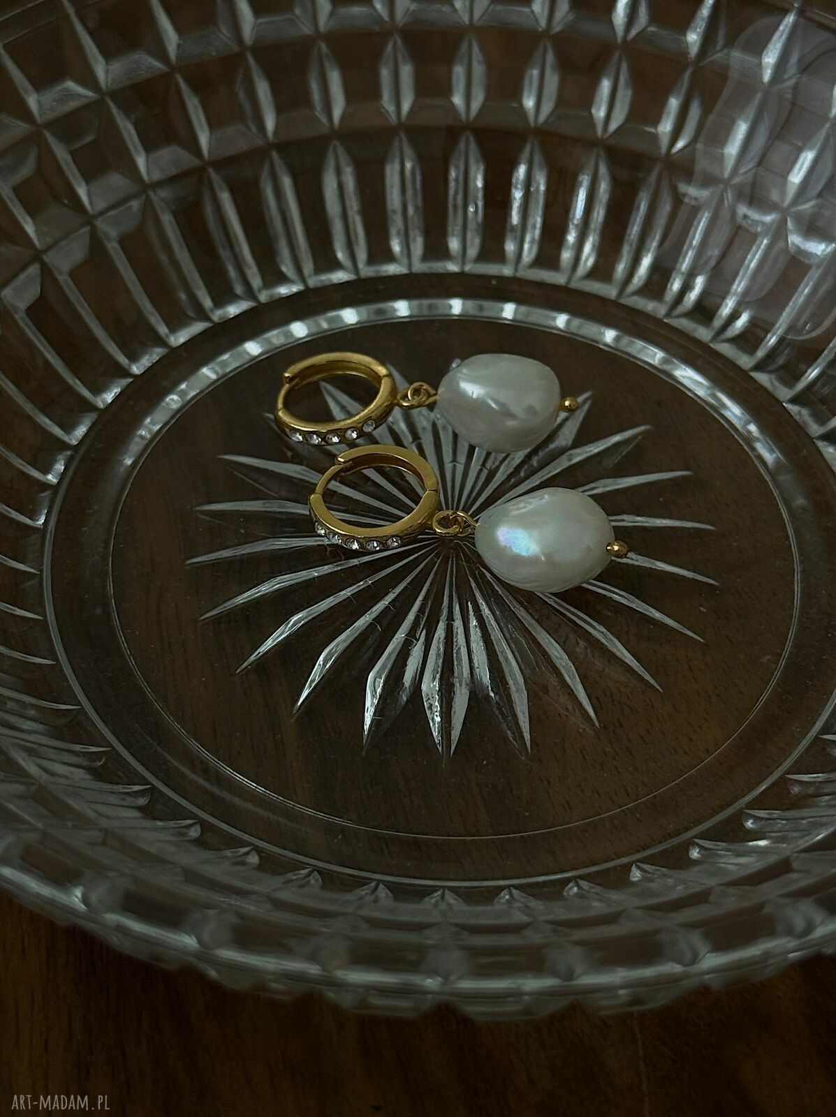 kolczyki: Złote kolczyki z perłami i kryształkami Preciosa Hand Made