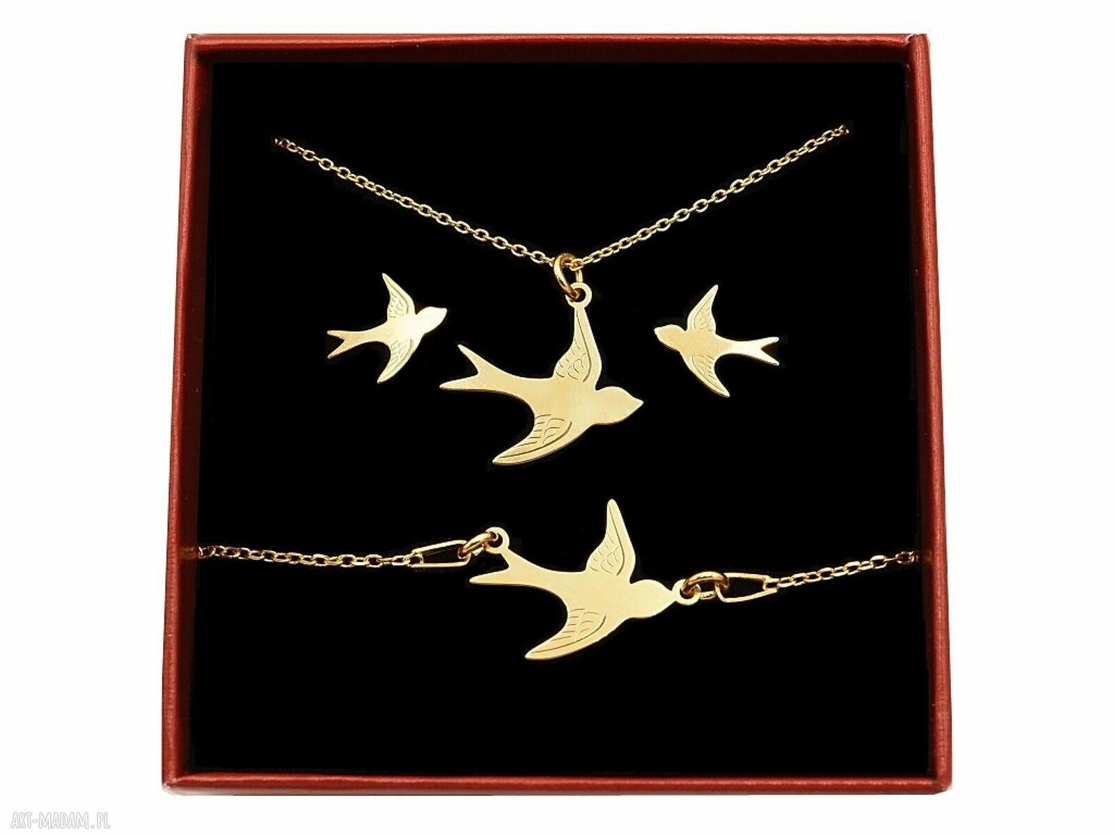 Pozłacany komplet z jaskółkami - naszyjnik, kolczyki i bransoletka