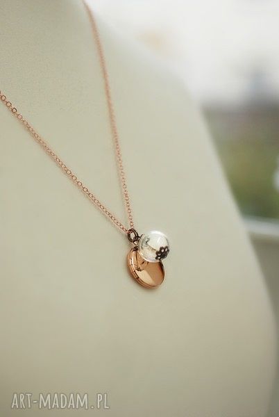 naszyjniki: Pozłacany na różowo naszyjnik z dmuchawcami i medalionem Handmade